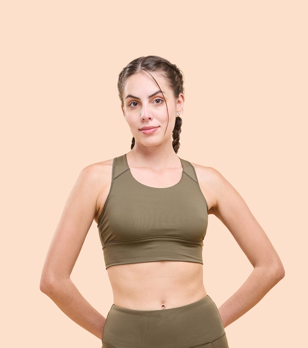 Enamor A202 Wide Straps Seamed T-back Basic Workout Sports Bra - Quick Dry, Antimicrobial, Removable Padding, Non-Wired, Full Coverage (Olive Night)