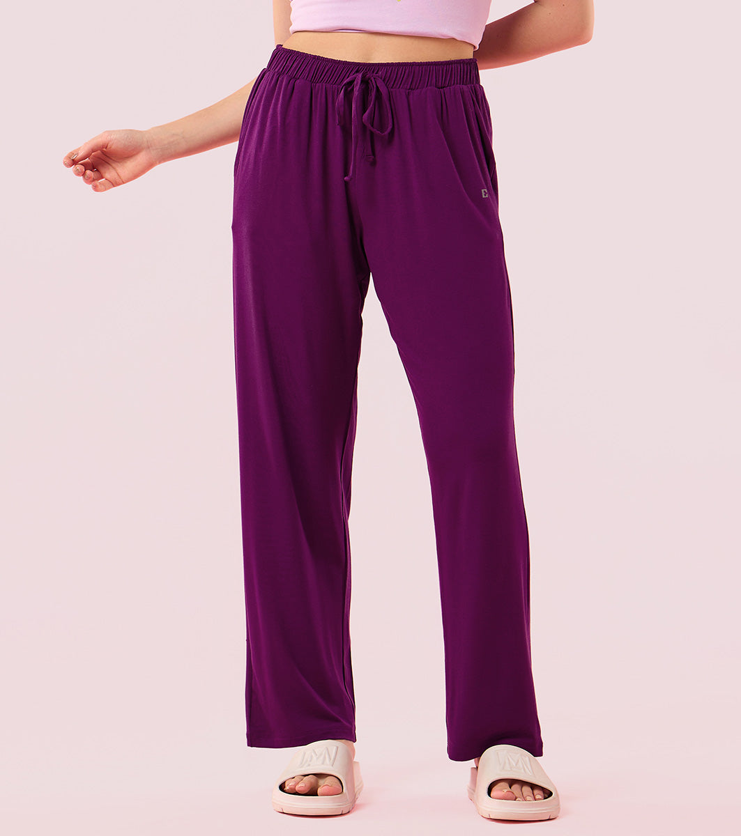 Enamor E404 Women's Home Pant - Relaxed Fit, Mid Rise, Regular Length, Straight Leg - Dark Purple