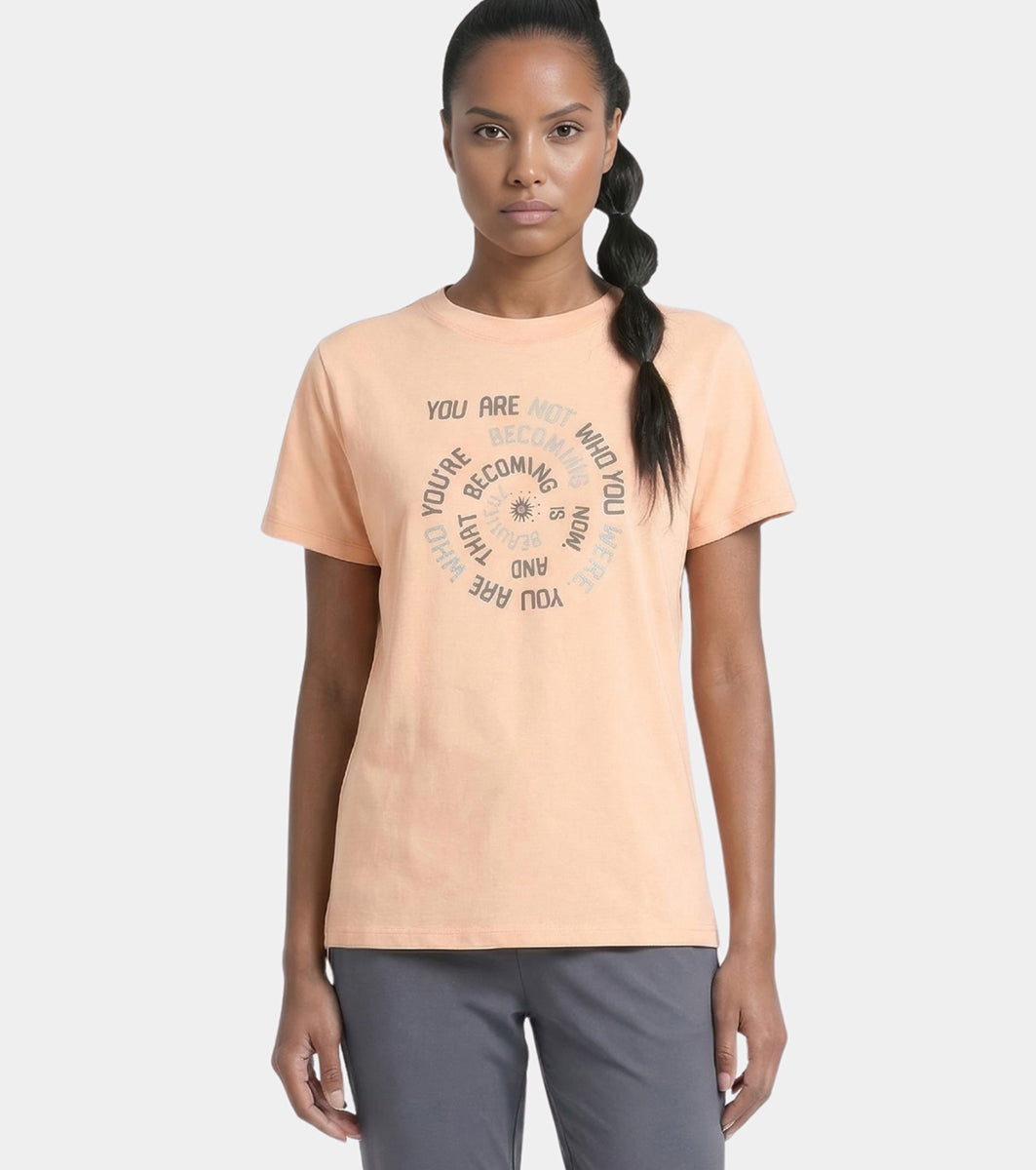 Enamor Short Sleeve Crew Neck Regular Length Cotton Active T-Shirt for Women - Relaxed Fit, Super Soft, Anti-Odour - A301 (Coral Sands/Spiral Graphic)