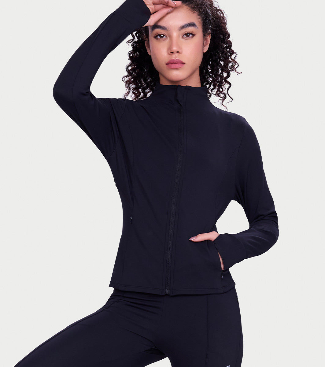 Enamor Sculpt Jacket – Slim-fit, quick-dry with high collar & stylish zipper details -A907 (Jet Black)