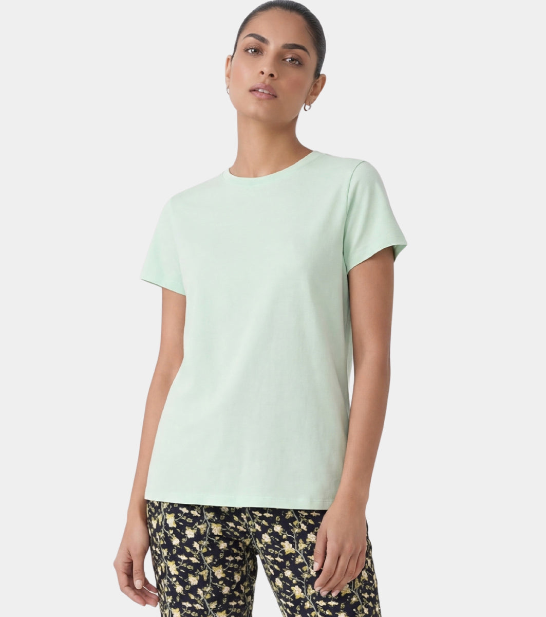 Enamor Pull on Short Sleeve Crew Neck Regular Length Cotton Comfort T-Shirt For Women - Relaxed Fit - E311 (Smoke Green)