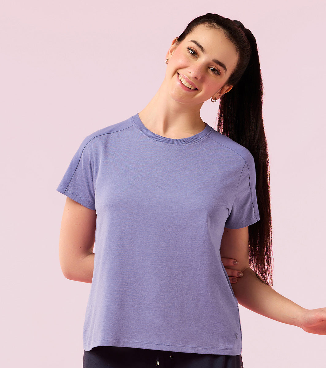 Enamor E306 Women Stretch Cotton with Rib Neck Band Cut & Sew Relaxed Fit T-Shirt - Chalky Violet Mel