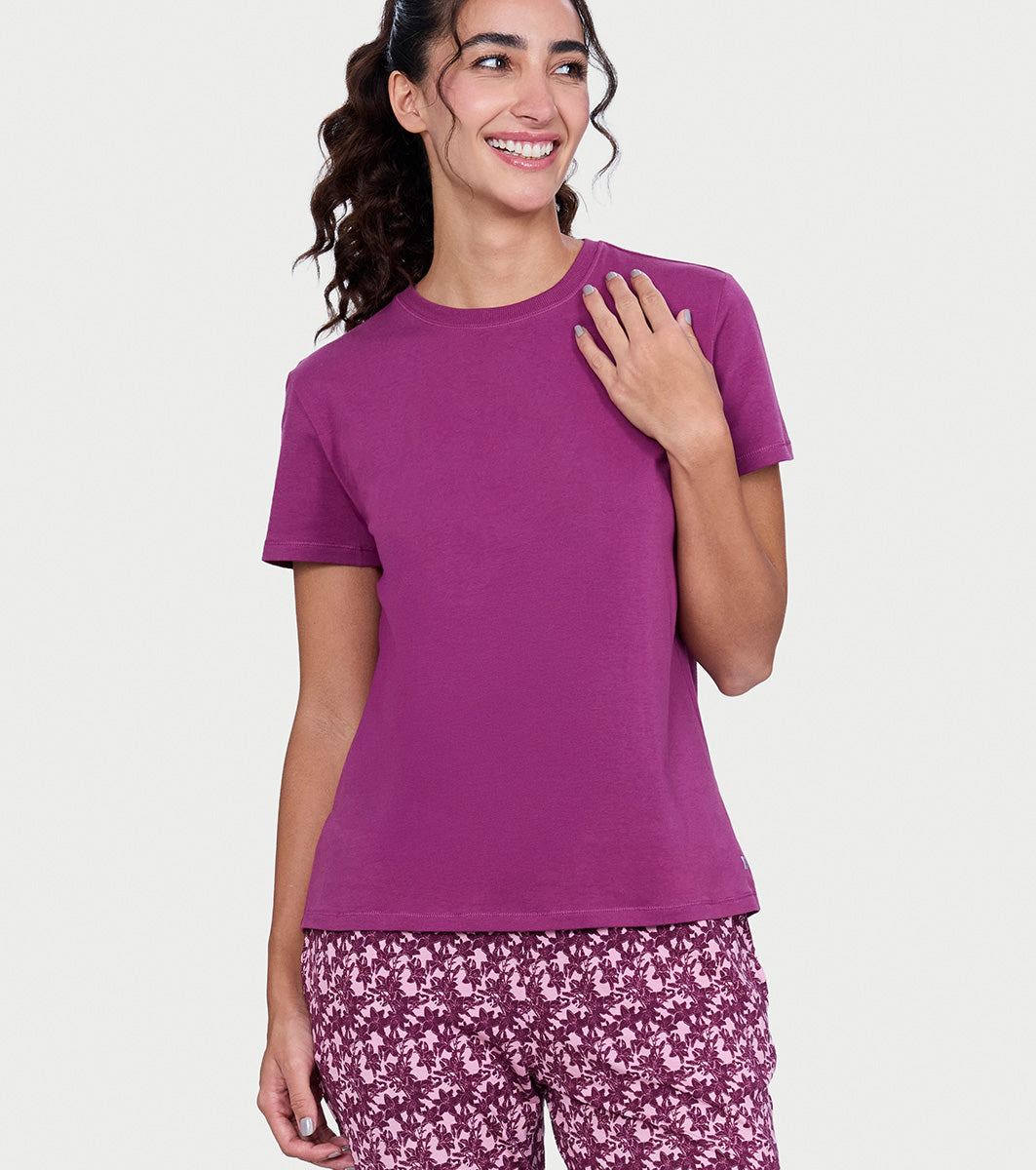 Enamor Pull on Short Sleeve Crew Neck Regular Length Cotton Confort T-Shirt For Women - Relaxed Fit - E311 (Damson)