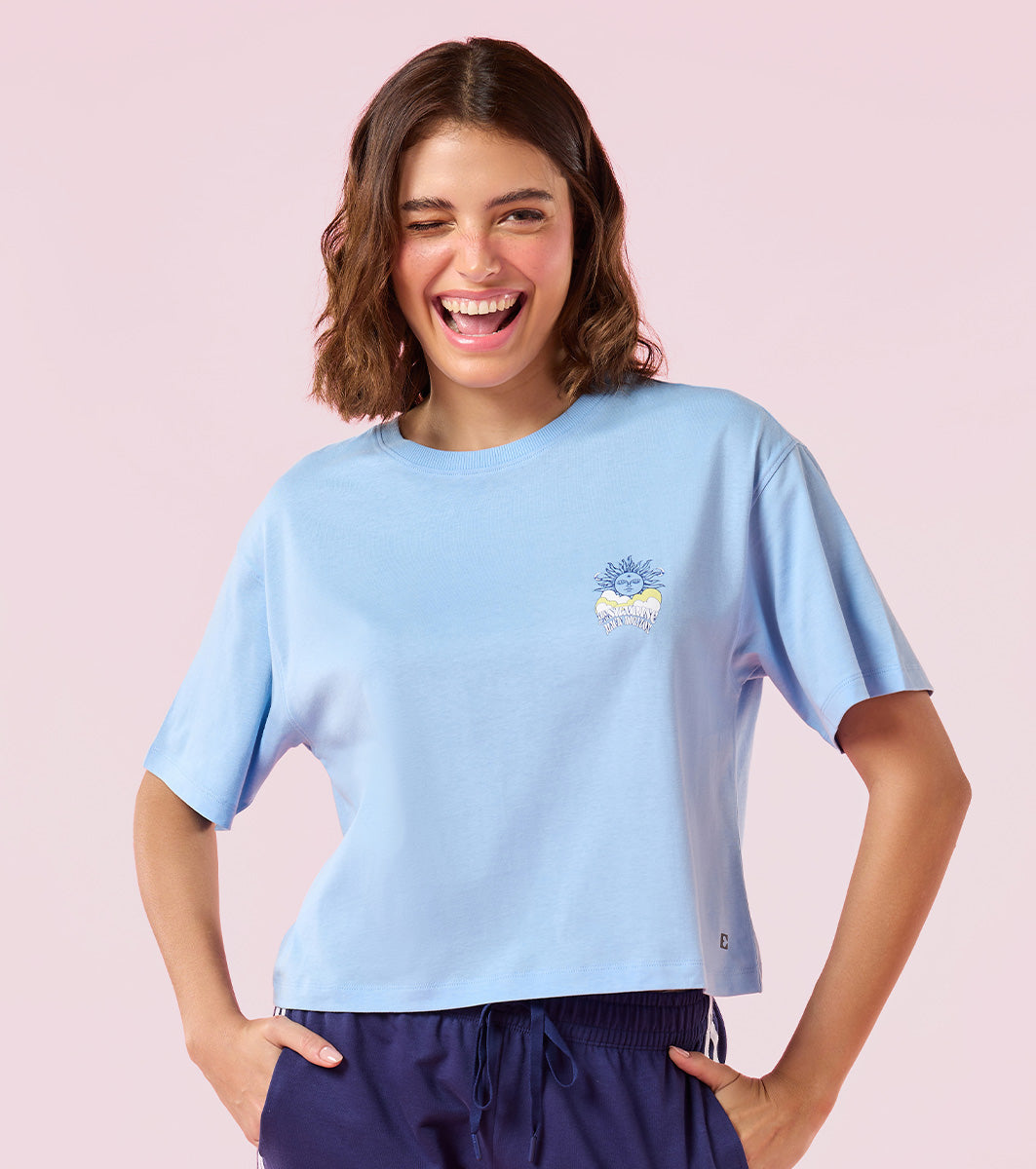 Enamor E3G5 Oversized Fit Square Crew Neck Cotton T-Shirt with Stylish Graphic Design - Bluebell Sunrise