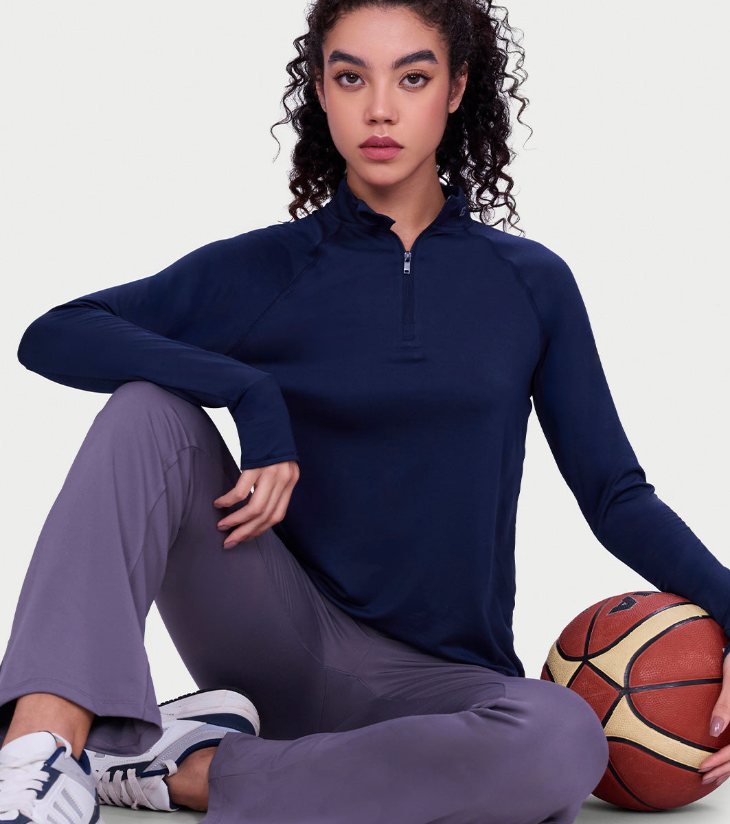 Enamor Full Sleeve High Neck Medium Length Pull on Dry Fit T-Shirt For Women - Slim Fit - A310 (Navy)