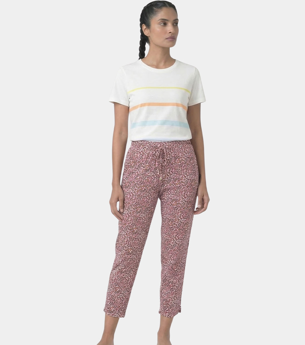 Enamor Mid Rise 7/8th length Drawstring Closure Shop In Pants for Women - Relaxed Fit, Soft & drapey 4-way stretch - E048 (Pink Abstract Animal Print)