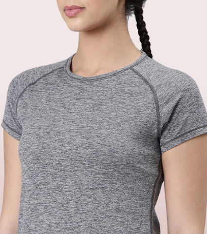 Slim Active Tee | Short Sleeve Raglan Scoop Neck Slim Active Tee With Reflective Graphic On Back | E089