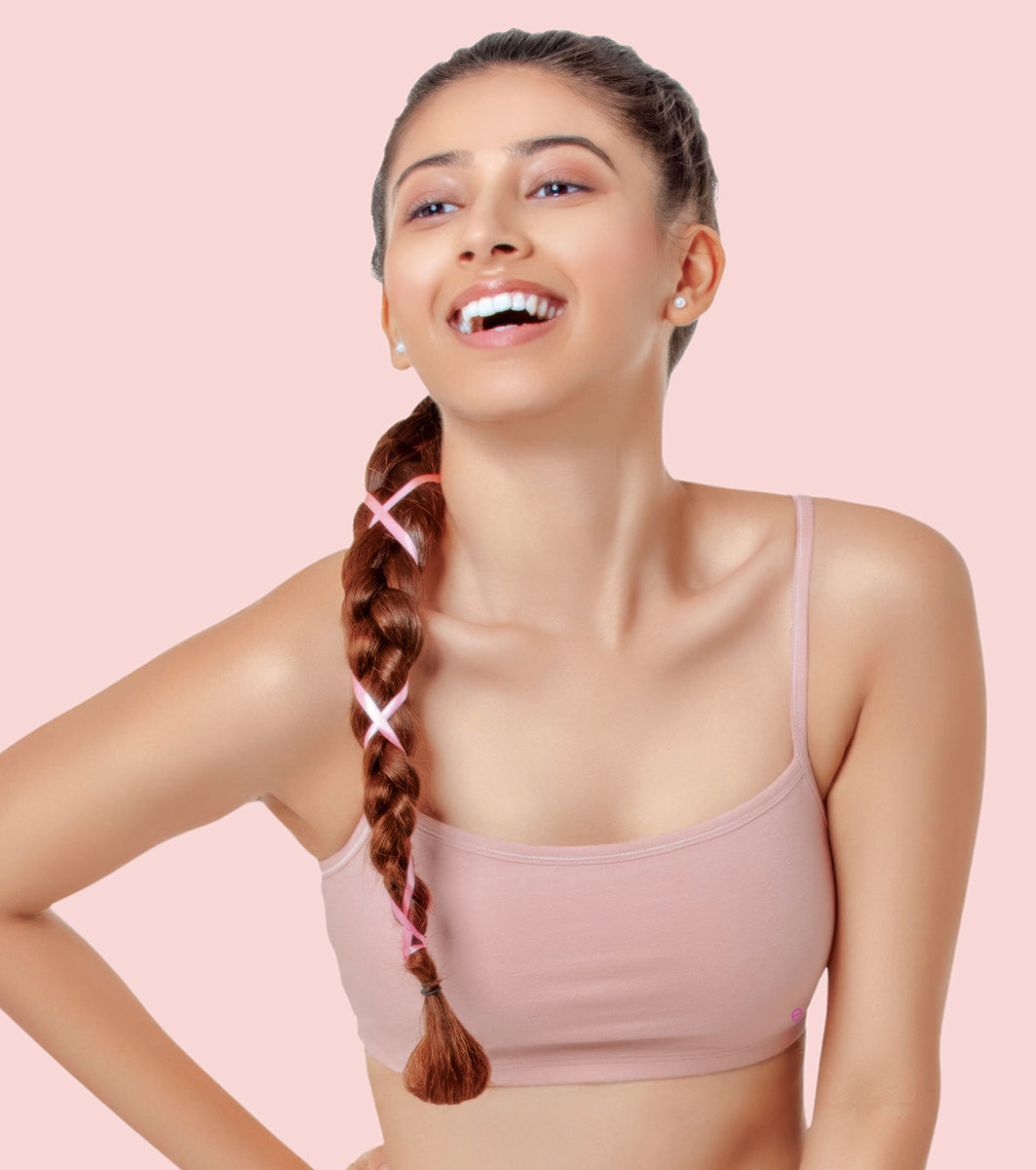 Enamor Innovations Antimicrobial, Cami Neck , Front Double Layer Women's Cotton Beginner's Bra - Pop-On Style, Non Padded, Wirefree, High Coverage - BB02 (Pearl)