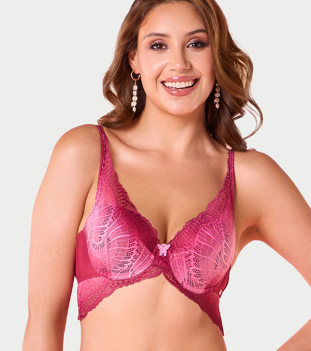 Enamor F191 Padded Wired Medium Coverage Butterfly Enhancer Plunge Push-Up Bra - Coral Wave