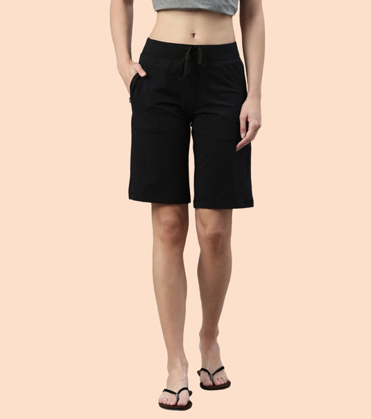 Enamor Mid Rise Knee length Drawstring Closure City Shorts For Women - Slim Fit, Soft and Breathable Cotton - E044 (Jet Black)