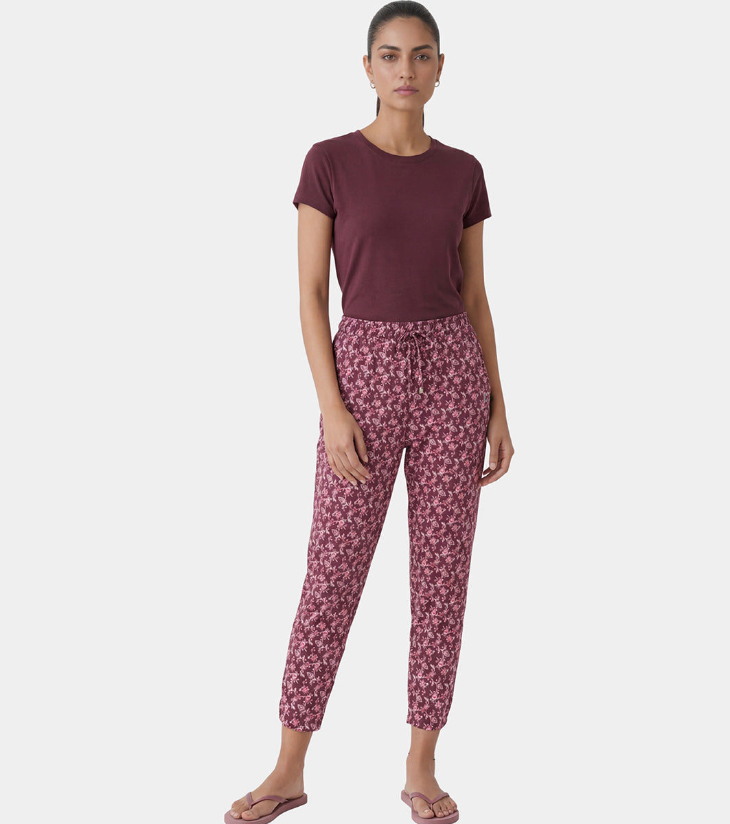 Enamor Mid Rise 7/8th length Drawstring Closure Shop In Pants for Women - Relaxed Fit, Soft & drapey 4-way stretch - E048 (Maroon Ethnic Print)