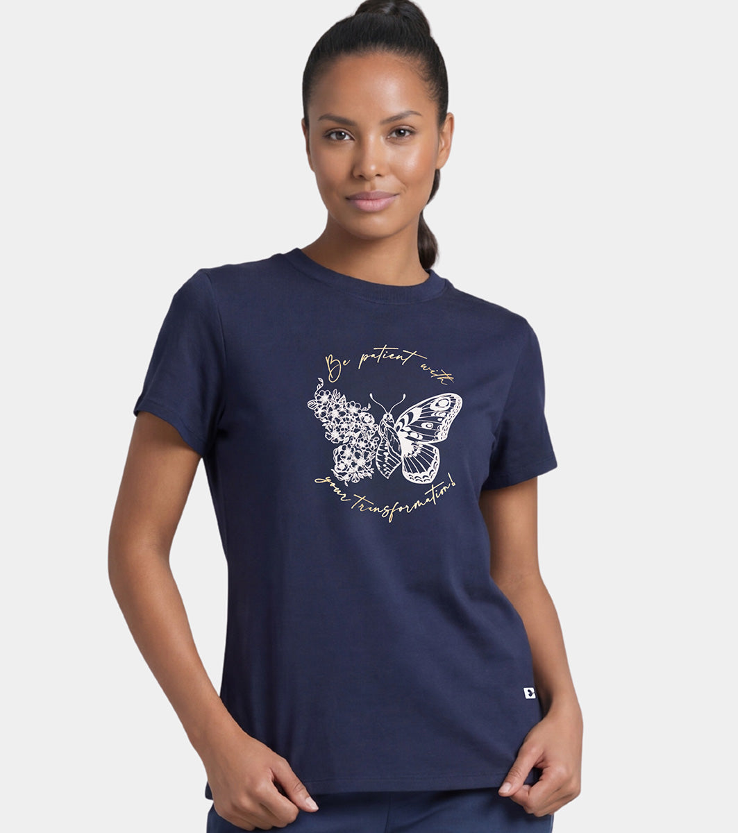 Enamor Short Sleeve Crew Neck Regular Length Cotton Active T-Shirt for Women - Relaxed Fit, Super Soft, Anti-Odour - A301 (Navy/Transformation Graphic)