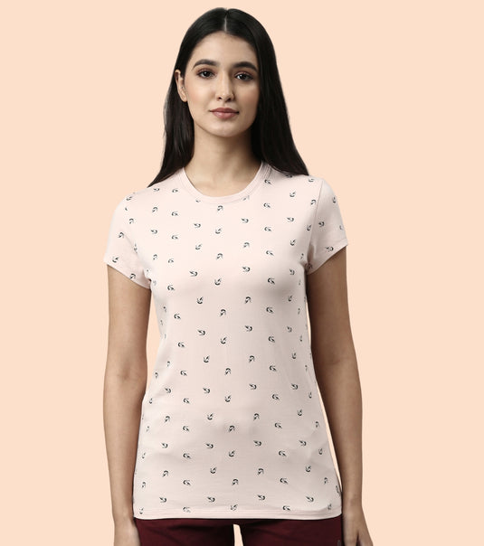 Enamor Short Sleeve Crew Neck Regular Length Pull On Basic Crew T-Shirt For Women - Slim Fit, Soft and Breathable Stretch Cotton - E247 (Rosewater Bird Aop)