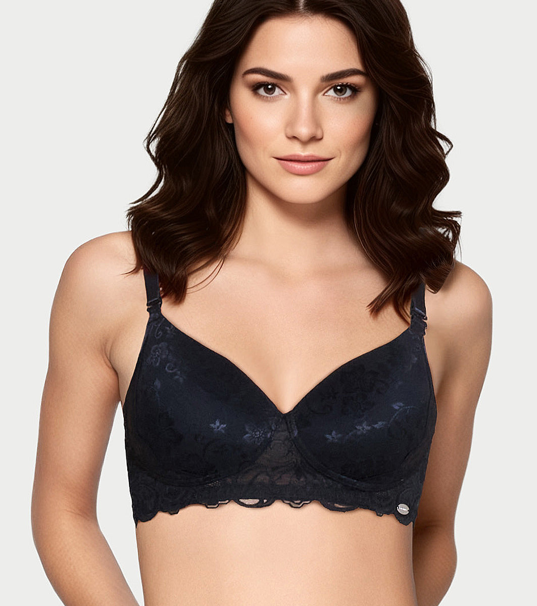 Enamor The Balconette T-Shirt Bra for Women, Padded , Wire-Free, Medium Coverage, Scallop Lace, Jacquard - FE39 (Black)