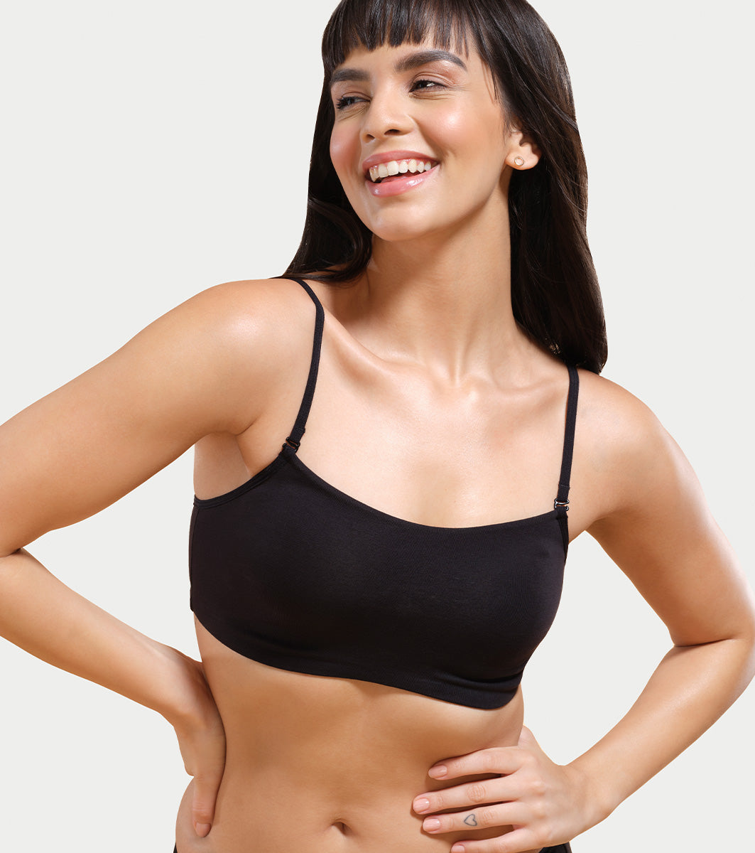 Enamor Moulded Double Layer Front Women's Cotton Cami Bra - Detachable Slim Straps with Back Keyhole, Non Padded, Wirefree, High Coverage - A022 (Black)