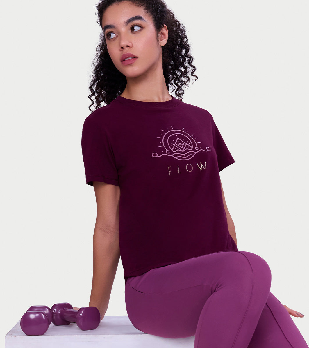 Enamor Short Sleeve Crew Neck Regular Length Cotton Active T-Shirt for Women - Relaxed Fit, Super Soft, Anti-Odour - A301 (Cherry Maroon Flow Graphic)