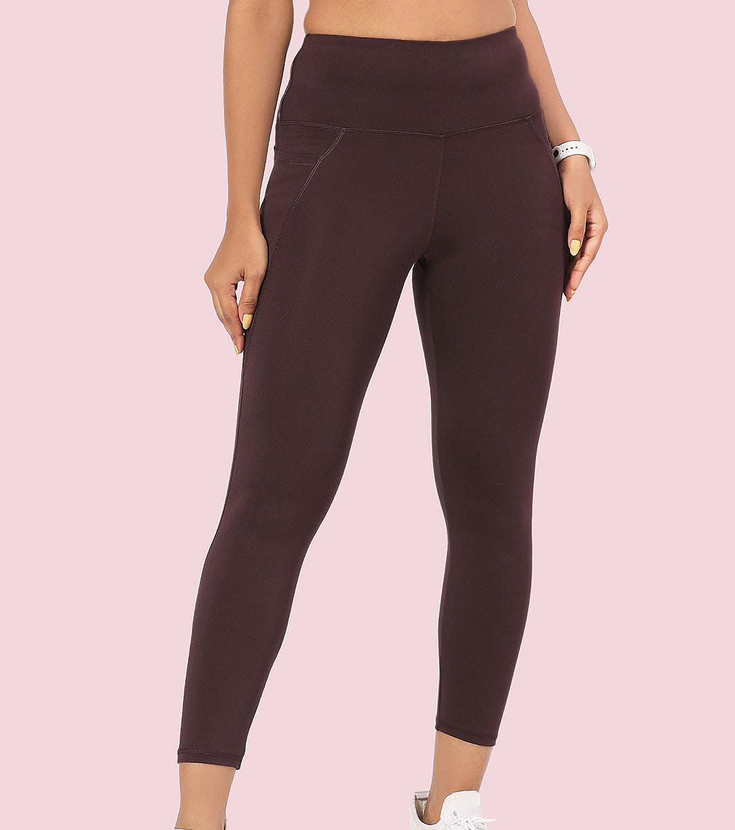 Enamor A605 Basic Quick Dry High Waist Basic Workout Leggings with Elasticated Waistband - Choco Fudge