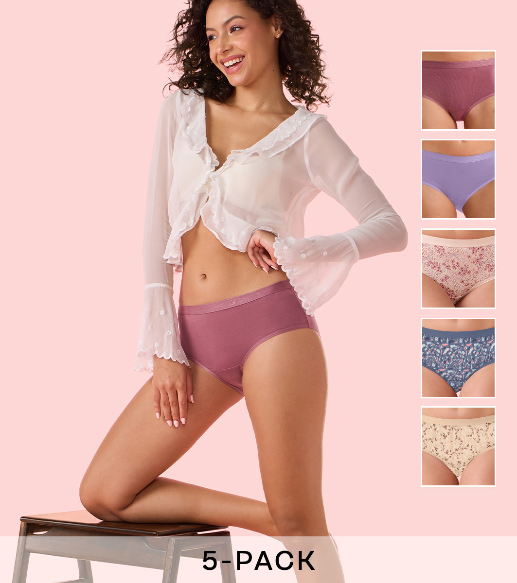 Enamor CH07 Chic Cotton, Naturally Breathable Cotton, All Day Comfort, Mid Waist Brief Panty for Women -  Antimicrobial with Stain Release, Soft Outer jacquard Elastic, Full Coverage -  Pack of 5 (Multicolors)