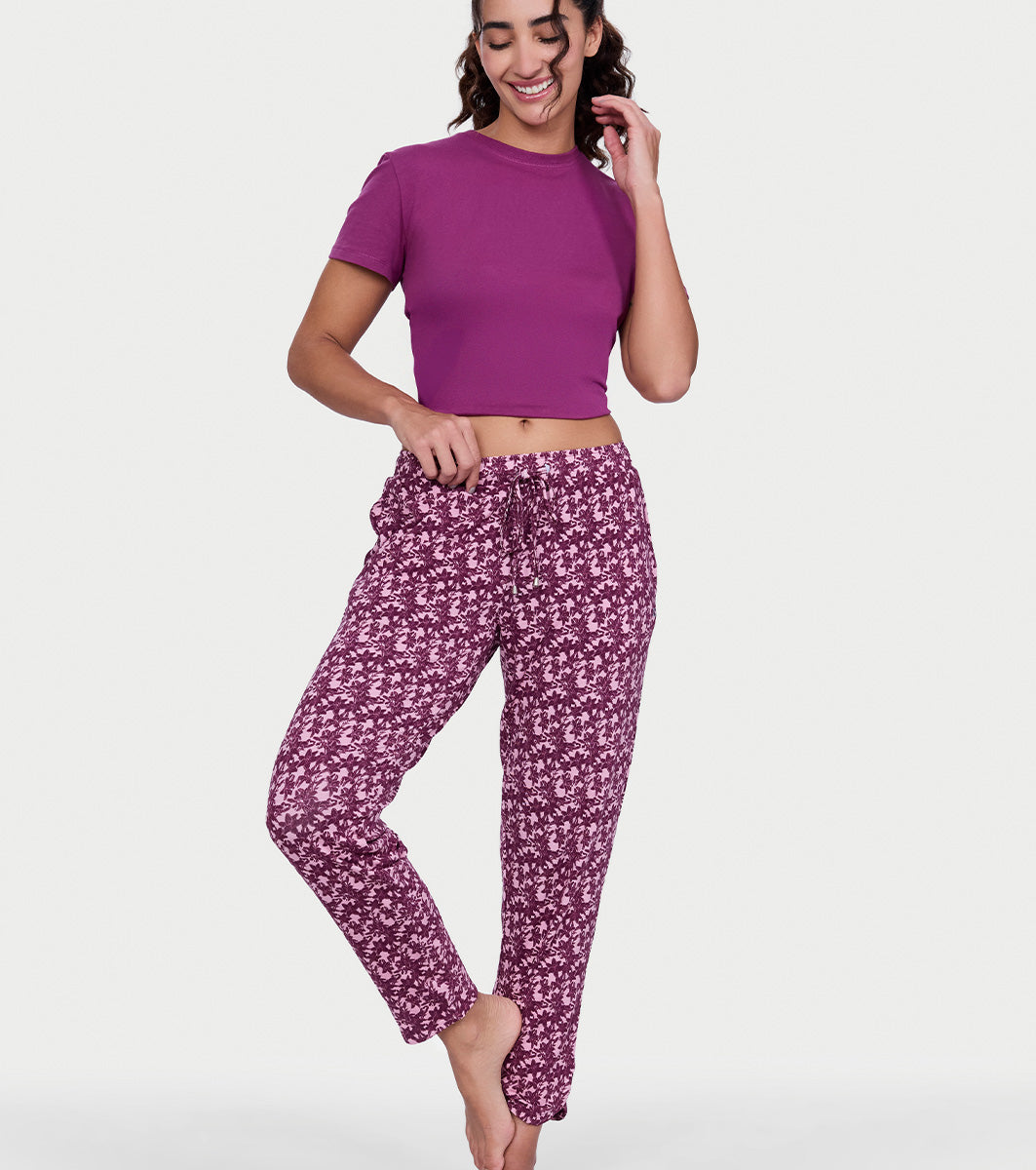 Enamor Mid Rise 7/8th length Drawstring Closure Shop In Pants for Women - Relaxed Fit, Soft & drapey 4-way stretch - E048 (Deco Rose Lily Floral Print)