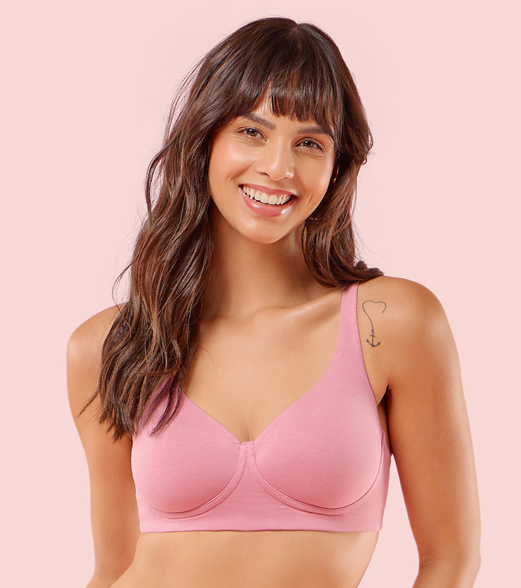 Enamor Innovations Bamboo Bliss, Plunge, Supe Soft, Women's everyday T-Shirt Bra - Naturally Absorbent & Antimicrobial, Padded, Wirefree, High Coverage- IO05 (Rose Blush)