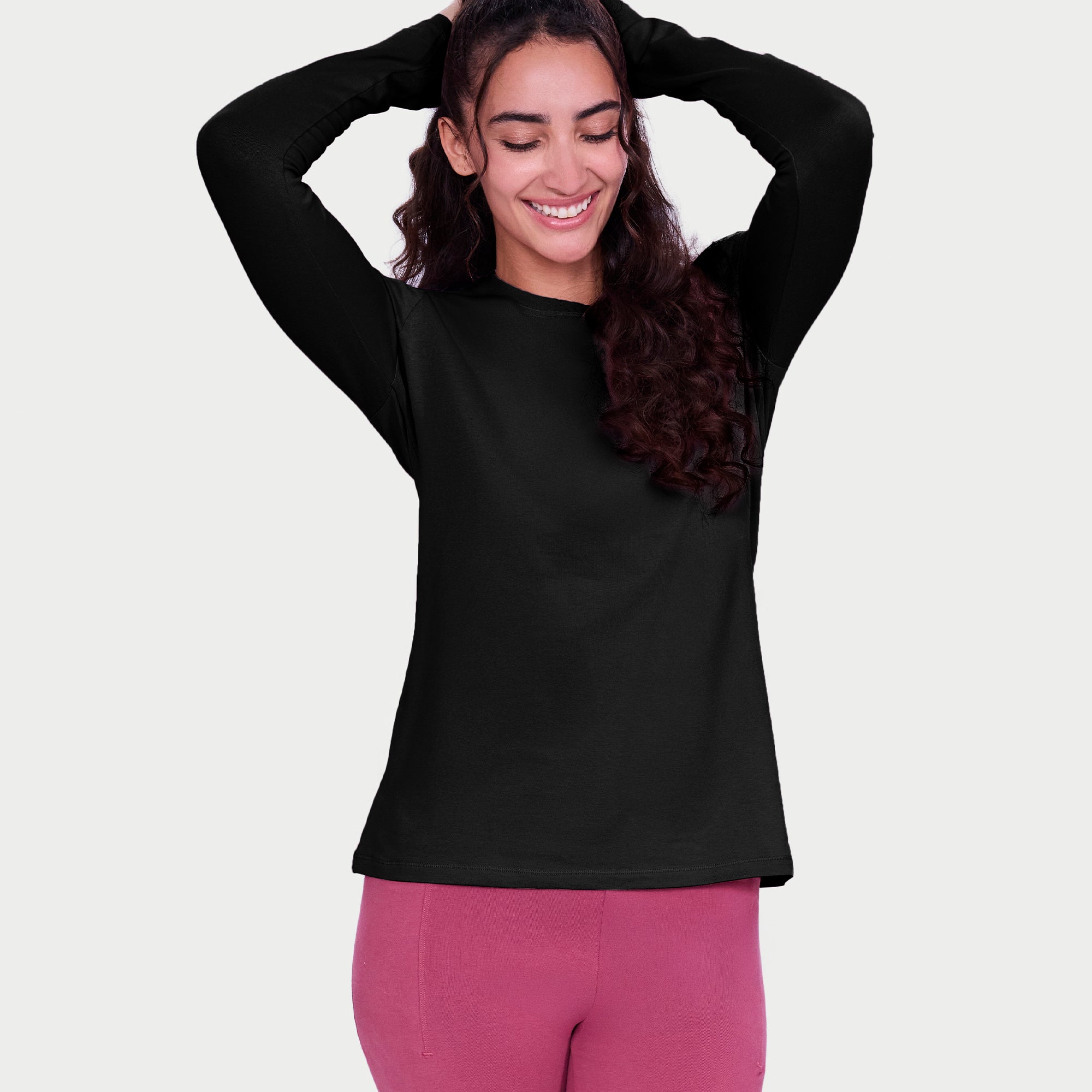 Enamor Full Sleeve Crew Neck Regular Length Basic Crew T-Shirt For Women - Slim Fit, Soft and Breathable Stretch Cotton - E057 (Jet Black)