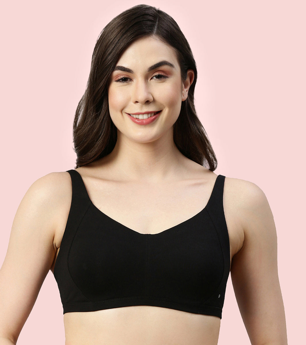 Enamor Innovations Intellifresh Antimicrobial Minimizer Everyday Cotton Bra for Women - Padded, Wirefree, Full Coverage - A058 (Black)