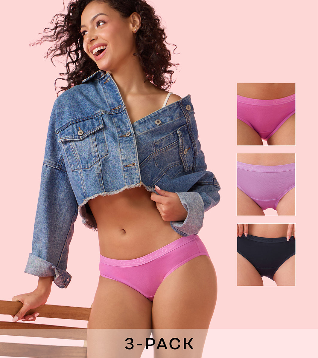 Enamor Chic Cotton, Naturally Breathable Cotton, All Day Comfort, Low Waist Brief Panty for Women -  Antimicrobial with Stain Release, Soft Outer jacquard Elastic, Regular Coverage - CB07 Pack of 3 (Multicolorsolid)