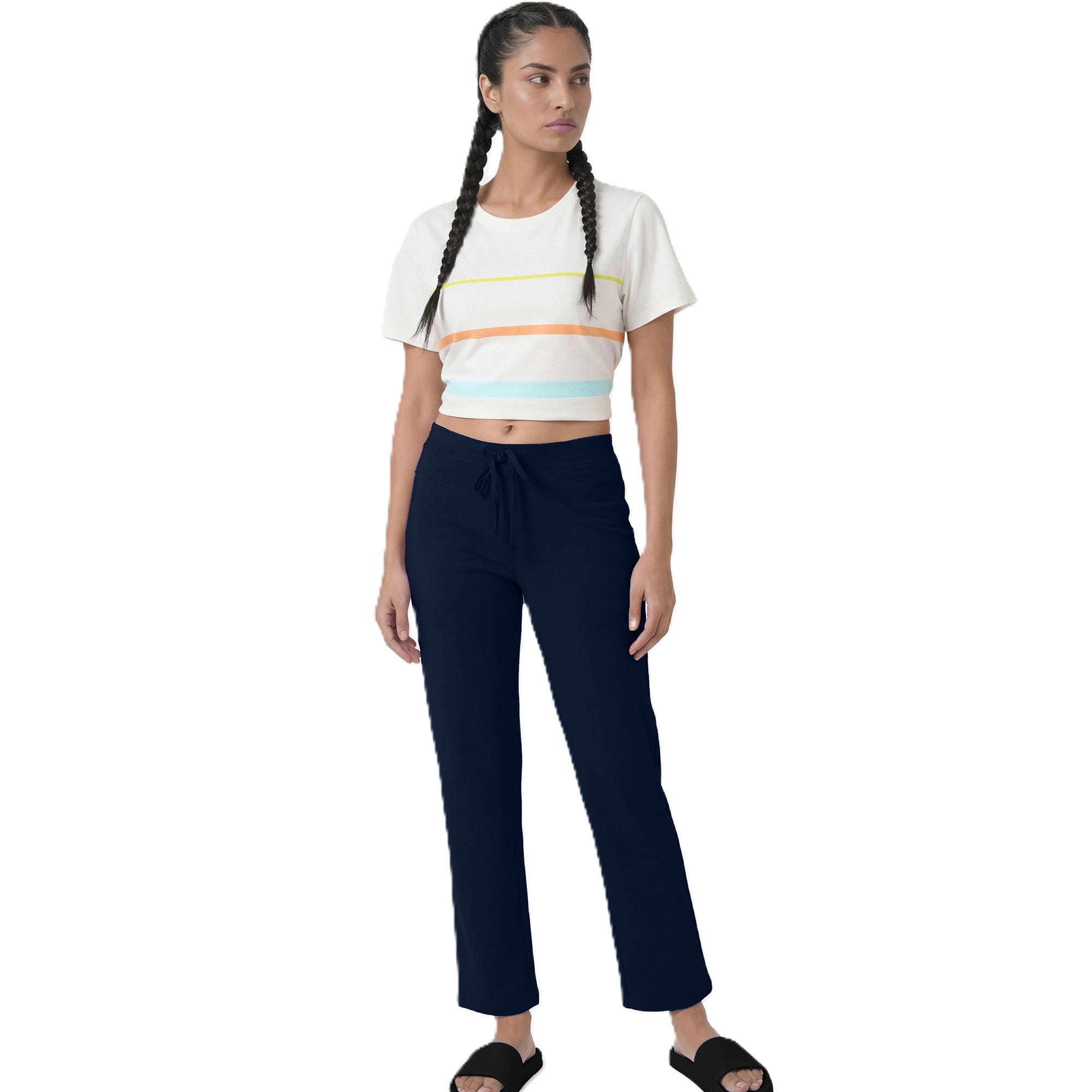 Enamor Mid Rise Regular Length Drawstring Closure Lounge Pants For Women - Slim Fit, Soft and Breathable Stretch Cotton - E014 (Navy)