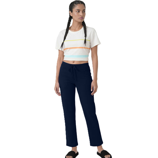 Enamor Mid Rise Regular Length Drawstring Closure Lounge Pants For Women - Slim Fit, Soft and Breathable Stretch Cotton - E014 (Navy)