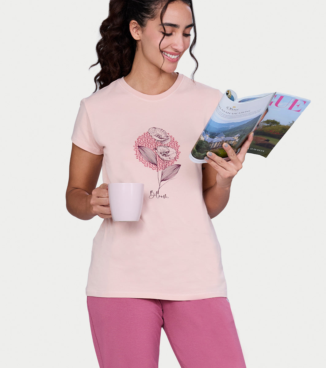 Enamor Short Sleeve Crew Neck Regular Length Basic Crew T-Shirt - Slim Fit, Soft and Breathable Stretch Cotton - E147 (Rose Smoke Bloom Graphic)