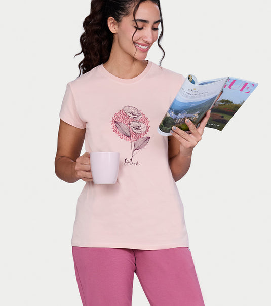 Enamor Short Sleeve Crew Neck Regular Length Basic Crew T-Shirt - Slim Fit, Soft and Breathable Stretch Cotton - E147 (Rose Smoke Bloom Graphic)