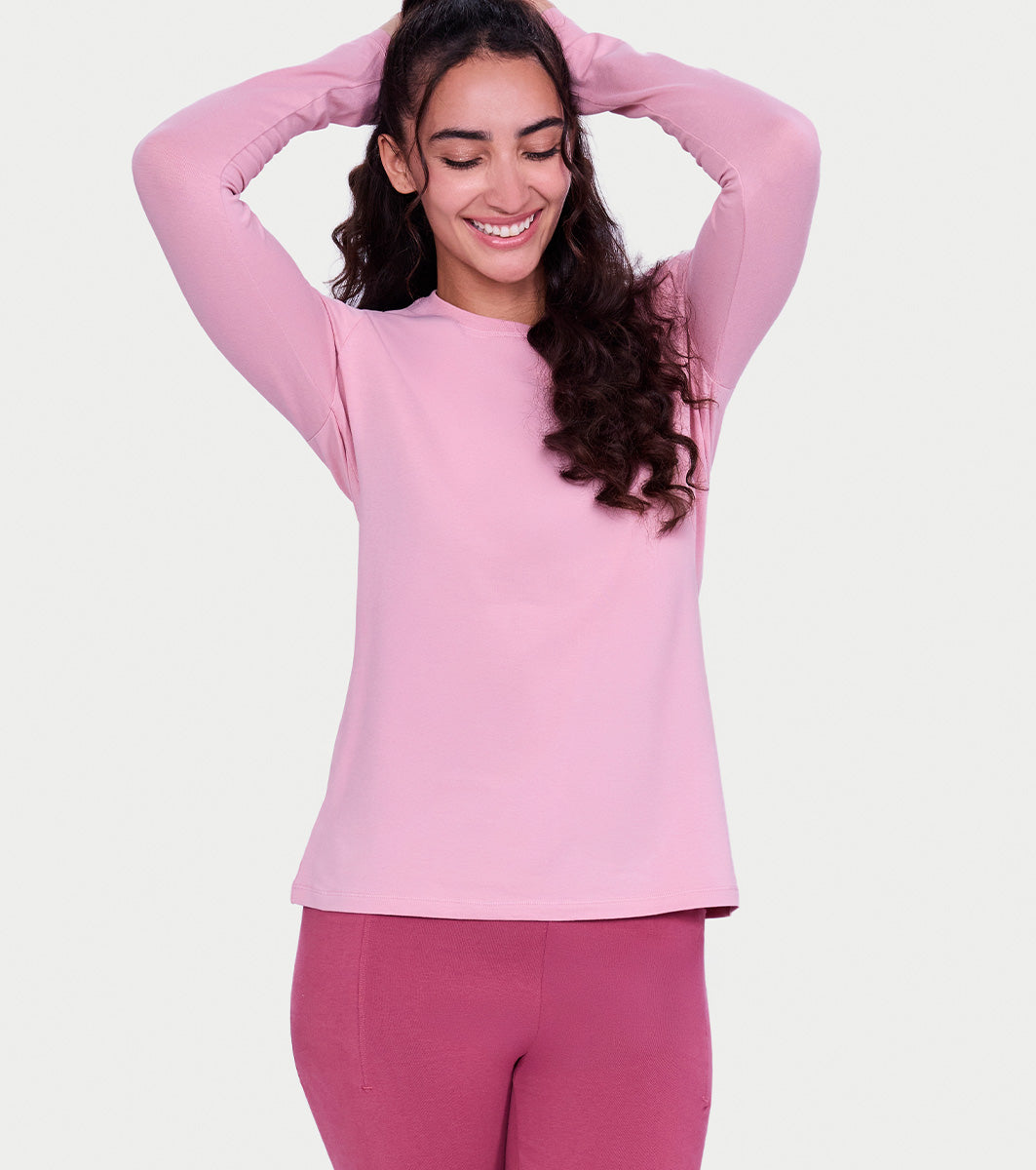 Enamor Full Sleeve Crew Neck Regular Length Basic Crew T-Shirt For Women - Slim Fit, Soft and Breathable Stretch Cotton - E057 (Zephyr)