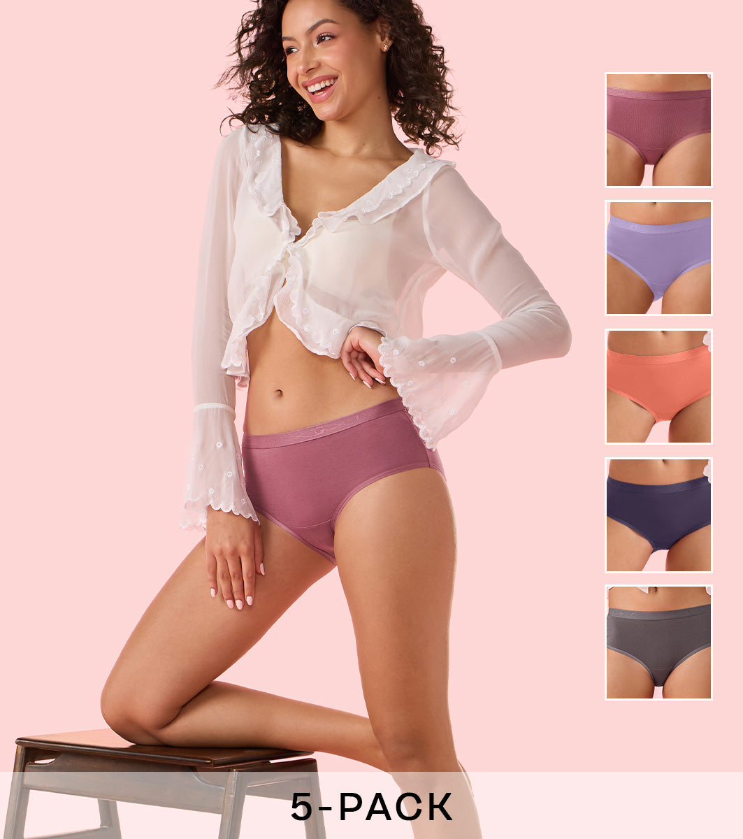 Enamor Chic Cotton, Naturally Breathable Cotton, All Day Comfort, Mid Waist Brief Panty for Women -  Antimicrobial with Stain Release, Soft Outer jacquard Elastic, Full Coverage - CH07 Pack of 5 (Multicolorsolid)