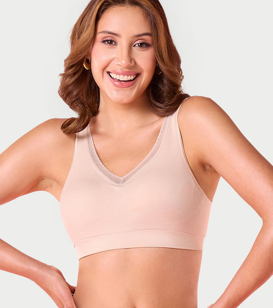 Enamor Innovations Flexifree, Plunge, Ultra Comfort Women's  Bralette - No-Pinch, No-Dig, 360 Degree Flex, Seamless Lift, Fixed cup, Padded, Wirefree, High Coverage  - F137 (Almond Skin)