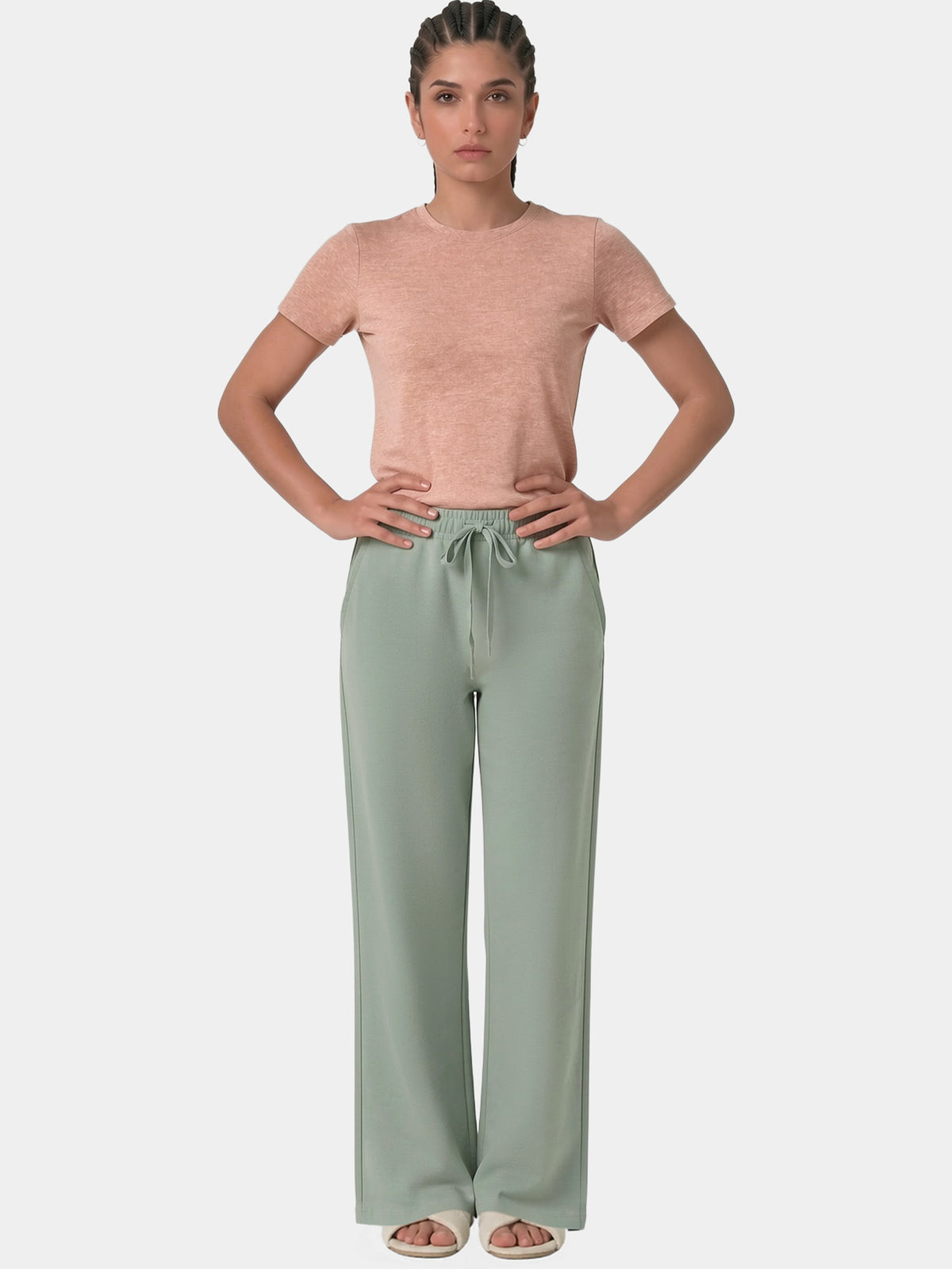 Enamor Essentials Wide Leg Pants – E409, Relaxed Fit, Wide Leg, Regular Length, Functional Side Pockets (Iceberg Green)