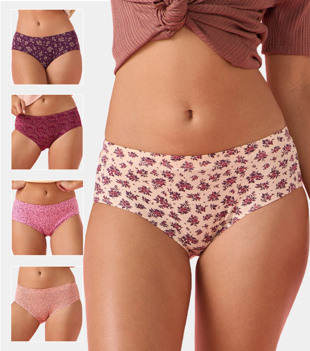Enamor CR17 Chic Stretch Cotton, All Day Comfort, Mid Waist Hipster Panty for Women - Naturally Breathable, Antimicrobial with Stain release, Inner Elastic, Full Coverage -  Pack of 5 (Multicolorprint-Color May Vary)