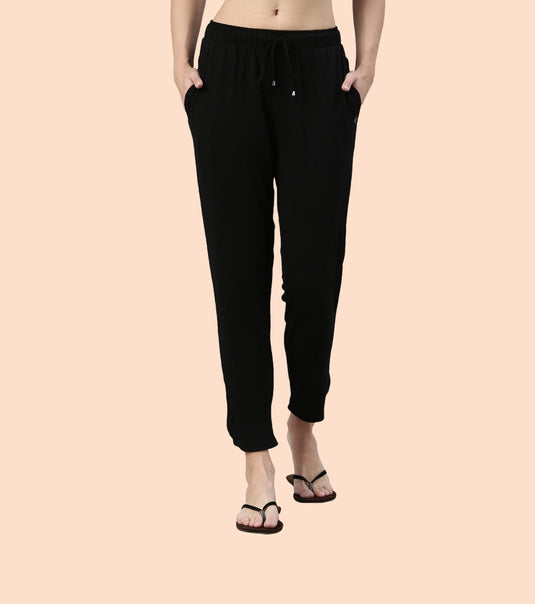 Enamor Mid Rise 7/8th length Drawstring Closure Shop In Pants for Women - Relaxed Fit, Soft & drapey 4-way stretch - E048 (Jet Black)