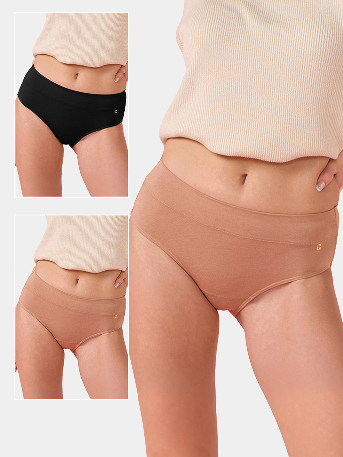 Enamor | Pack of 3 | Bamboo Cotton IP01, Mid Waist Women's Hipster Panty - 3X Softer, 4X more Absorbent, Antimicrobial, No-Pinch Waist, All-Day Comfort (Honey Beige/Jet Black/Honey Beige)