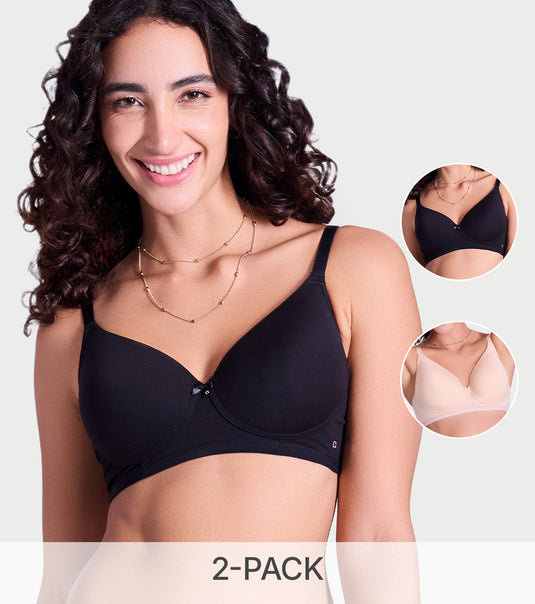 Enamor Ultra Smooth T-Shirt Bra - Padded, Non-Wired, Full Coverage - A127 (Soft Skin/Jet Black)-Pack of 2