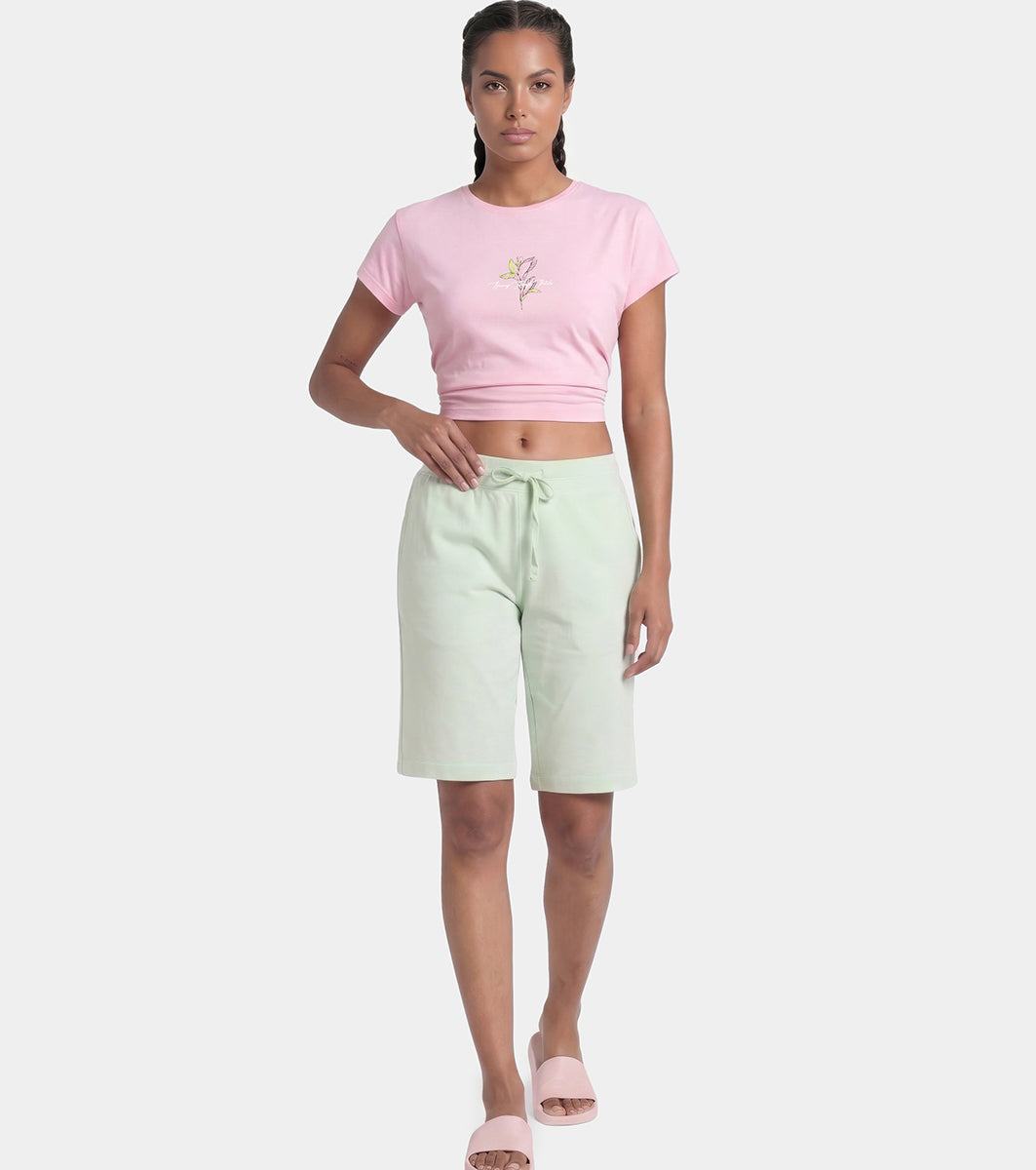 Enamor Mid Rise Knee length Drawstring Closure City Shorts For Women - Slim Fit, Soft and Breathable Cotton - E044 (Smoke Green)