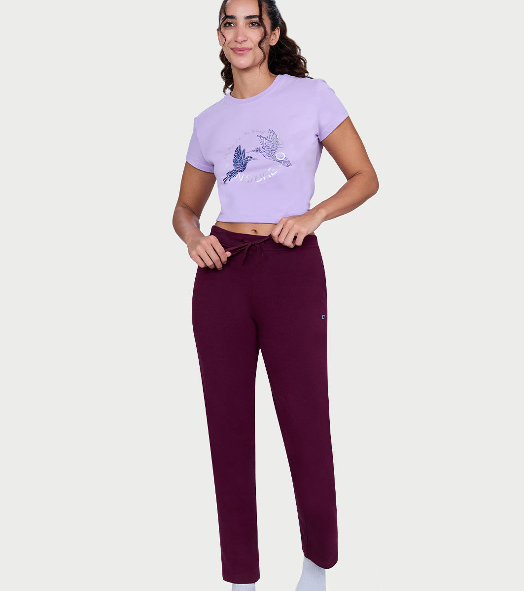 Enamor Mid Rise Regular Length Drawstring Closure Lounge Pants For Women - Slim Fit, Soft and Breathable Stretch Cotton - E014 (Fig)