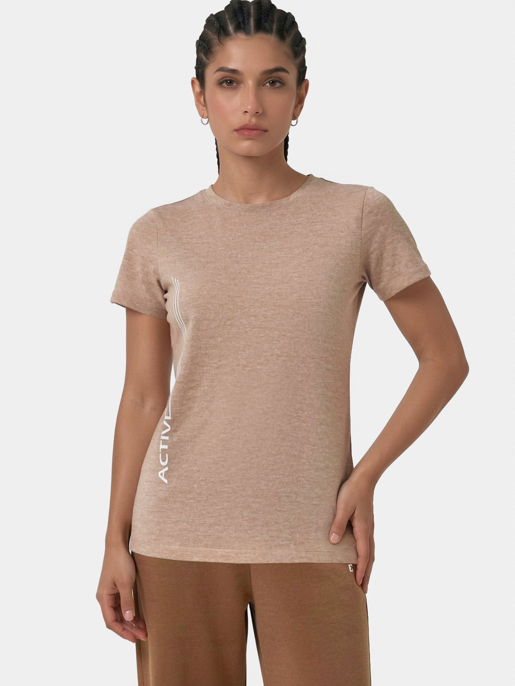 Enamor Short Sleeve Crew Neck Regular Length Basic Dry Fit Workout Crew T-Shirt for Women - Relaxed Fit, Quick Dry, Antimicrobial - A309 (Warm Taupe Melange)