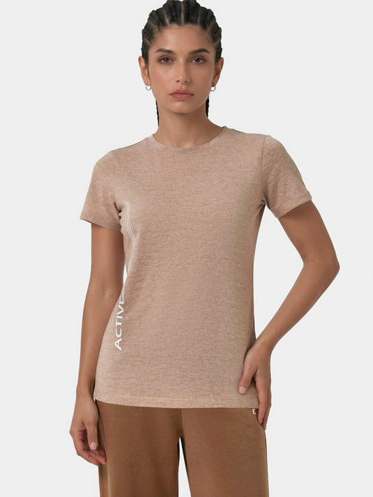 Enamor Short Sleeve Crew Neck Regular Length Basic Dry Fit Workout Crew T-Shirt for Women - Relaxed Fit, Quick Dry, Antimicrobial - A309 (Warm Taupe Melange)