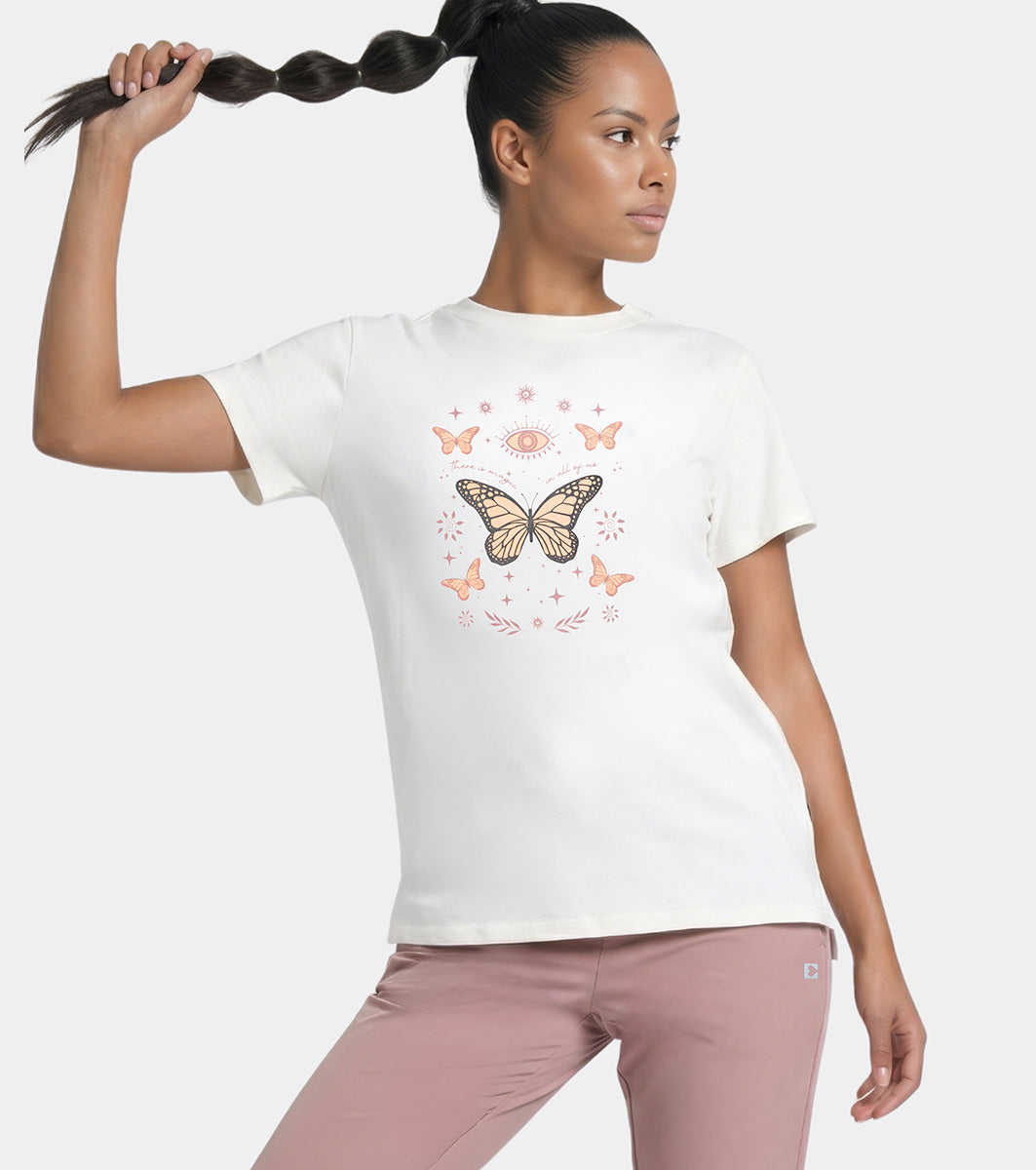 Enamor Short Sleeve Crew Neck Regular Length Cotton Active T-Shirt for Women - Relaxed Fit, Super Soft, Anti-Odour - A301 (Marshmallow/Magic Graphic)