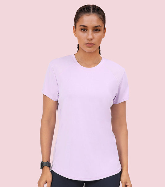 Enamor Pull on Short Sleeve Dry Fit Crew Neck Regular Length Panel T-Shirt For Women - Relaxed Fit - A313 (Orchid Bloom)