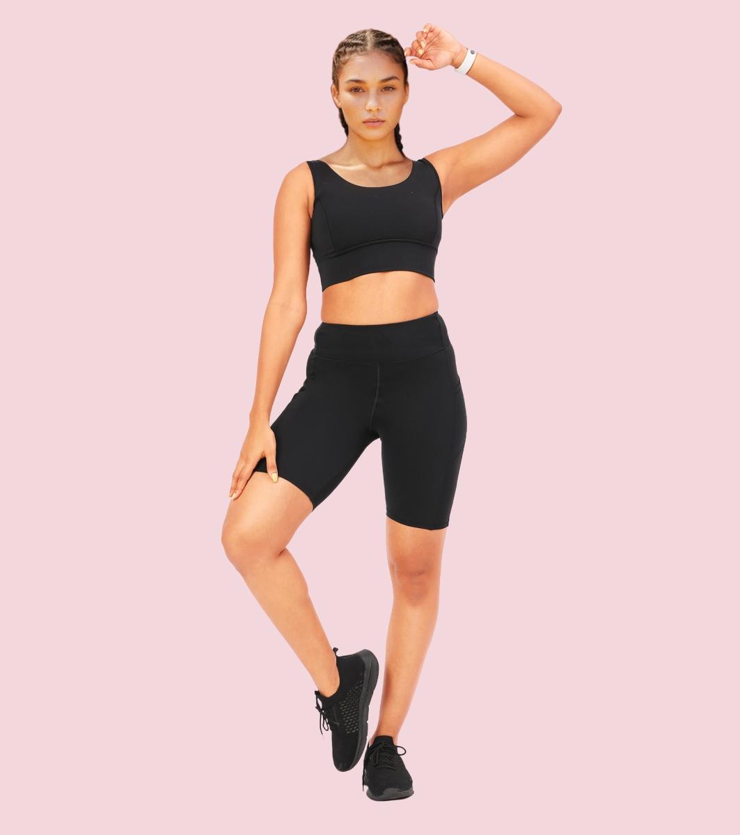 Enamor A703 Women's Active Panel Quick Dry Knee Length Tights with Side Pockets - Jet Black