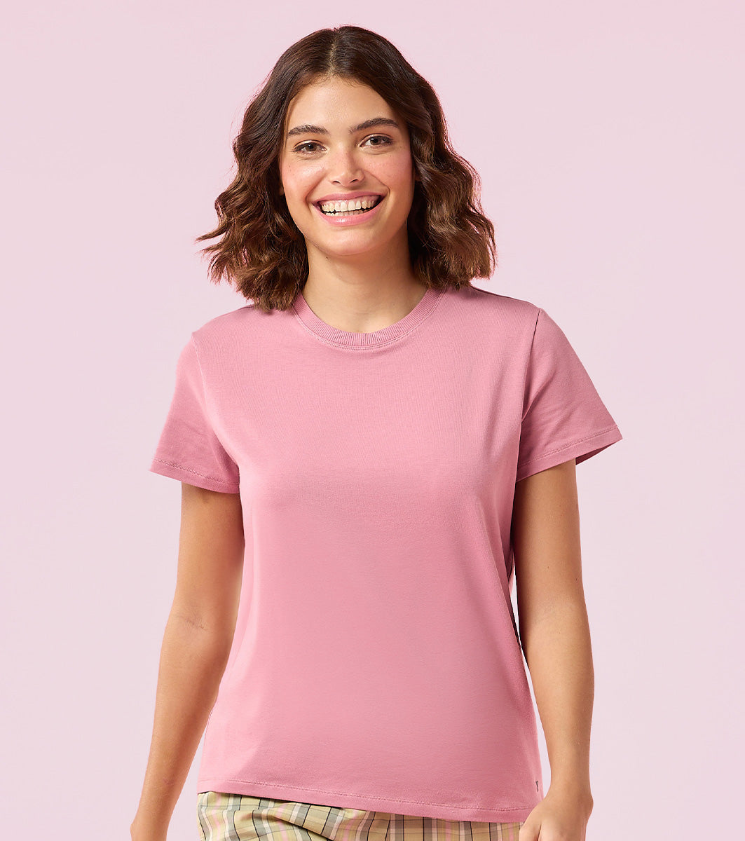 Enamor E311 Women Relaxed Fit Crew Neck Basic Stretch Cotton T-Shirt - Lilas