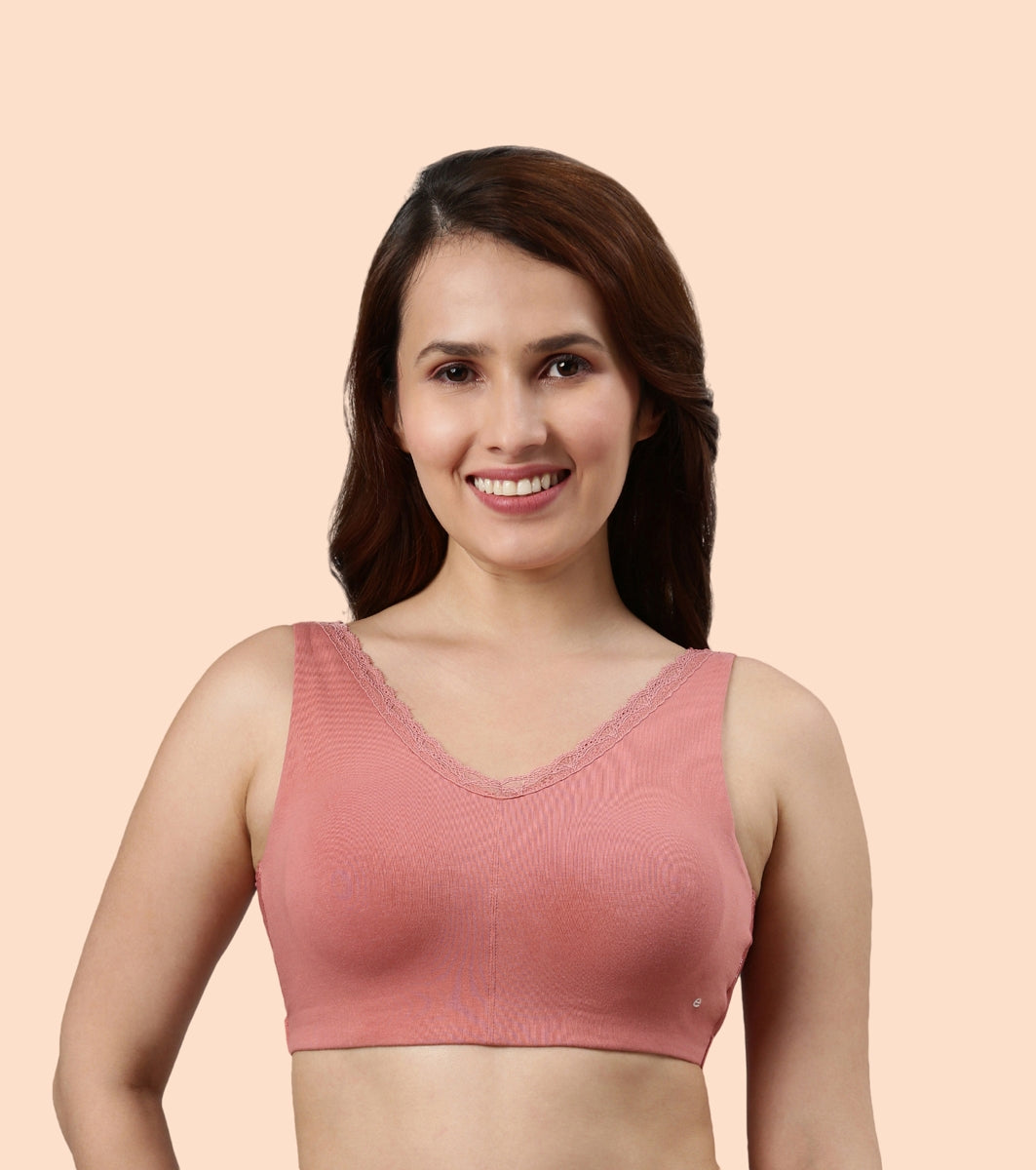 Cotton Plunge Lace Back Bralette- Rosette