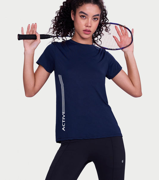 Enamor Short Sleeve Crew Neck Regular Length Basic Dry Fit Workout Crew T-Shirt for Women - Relaxed Fit, Quick Dry, Antimicrobial - A309 (Navy Melange - Active Reflective)
