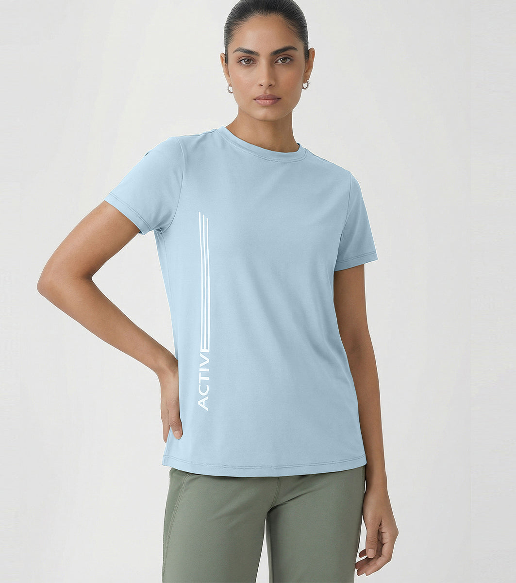 Enamor Short Sleeve Crew Neck Regular Length Basic Dry Fit Workout Crew T-Shirt for Women - Relaxed Fit, Quick Dry, Antimicrobial - A309 (Winter Sky Active Reflective Graphic)